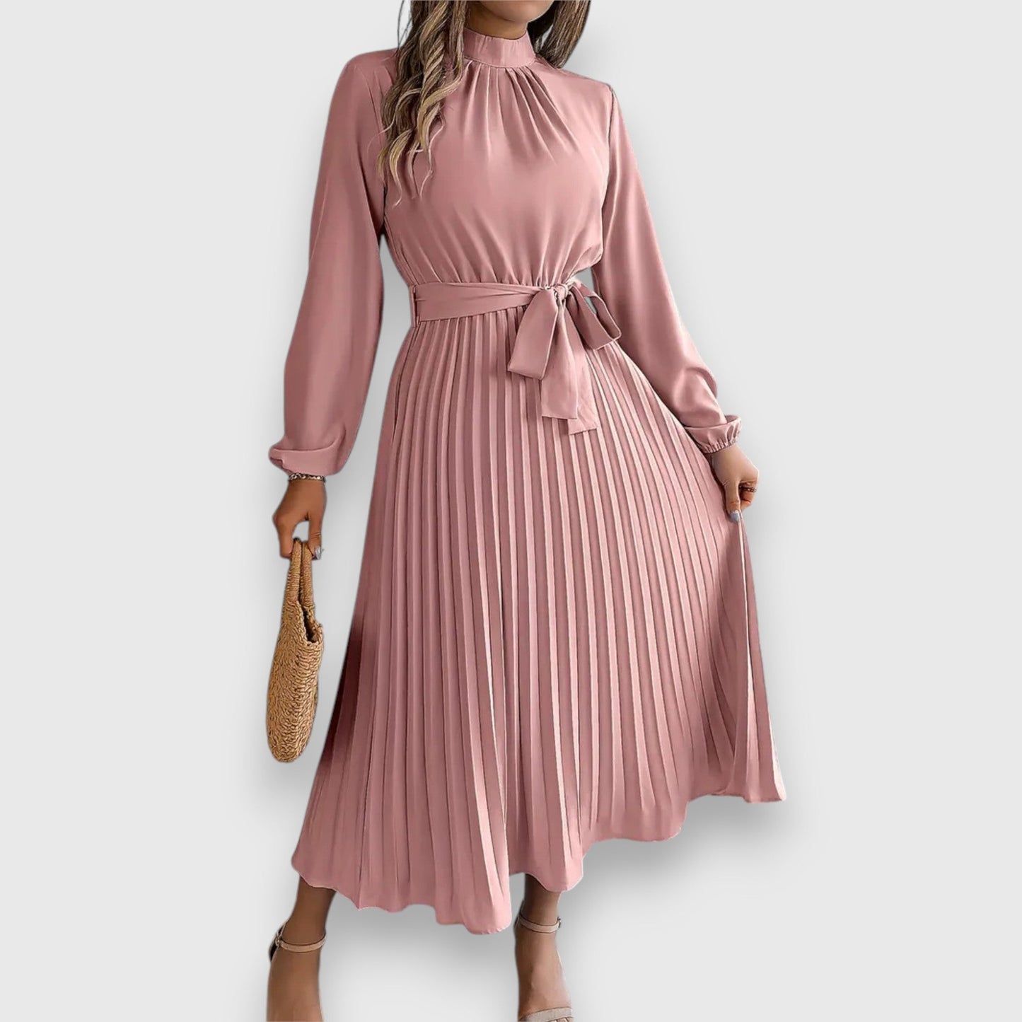 Women's Pleated Midi Dress with Flared Skirt and Sleeveless Design