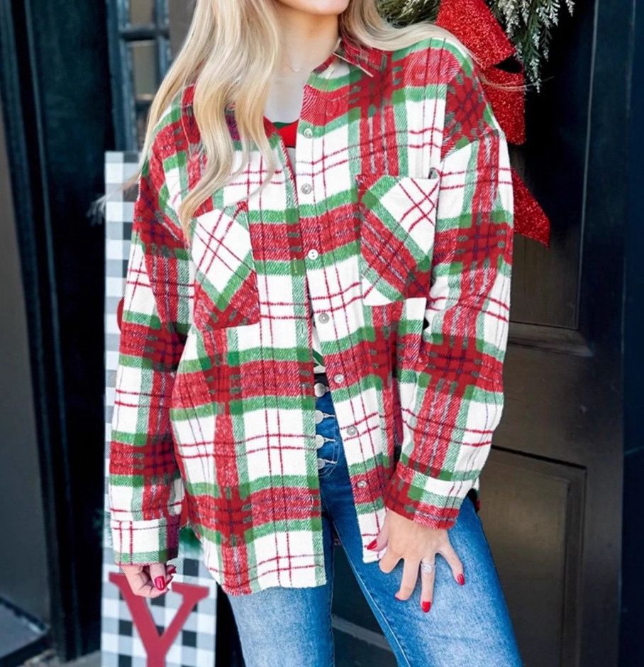 Plaid Woolen Jacket Shirt Unisex Cozy Christmas Style MutualDropShopping