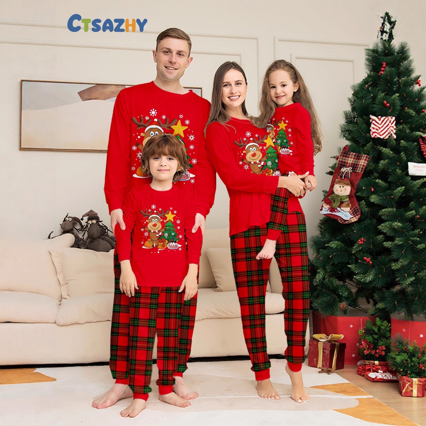 MutualDropShopping Family Christmas Pajamas Reindeer Print