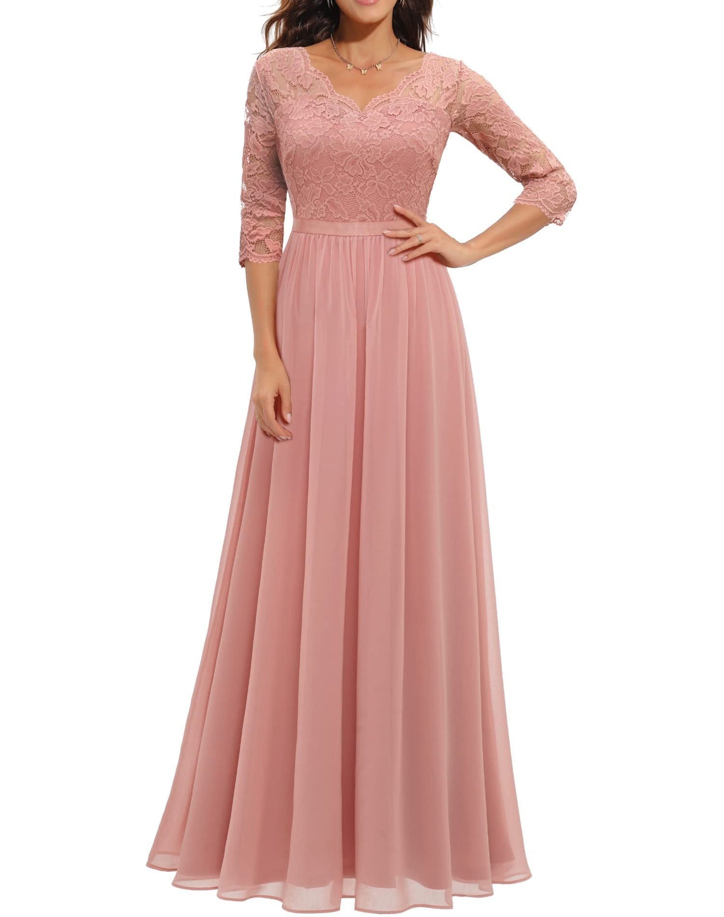 Beige Timeless Lace Bodice Maxi Dress Three Quarter Sleeves For Women MutualDrop
