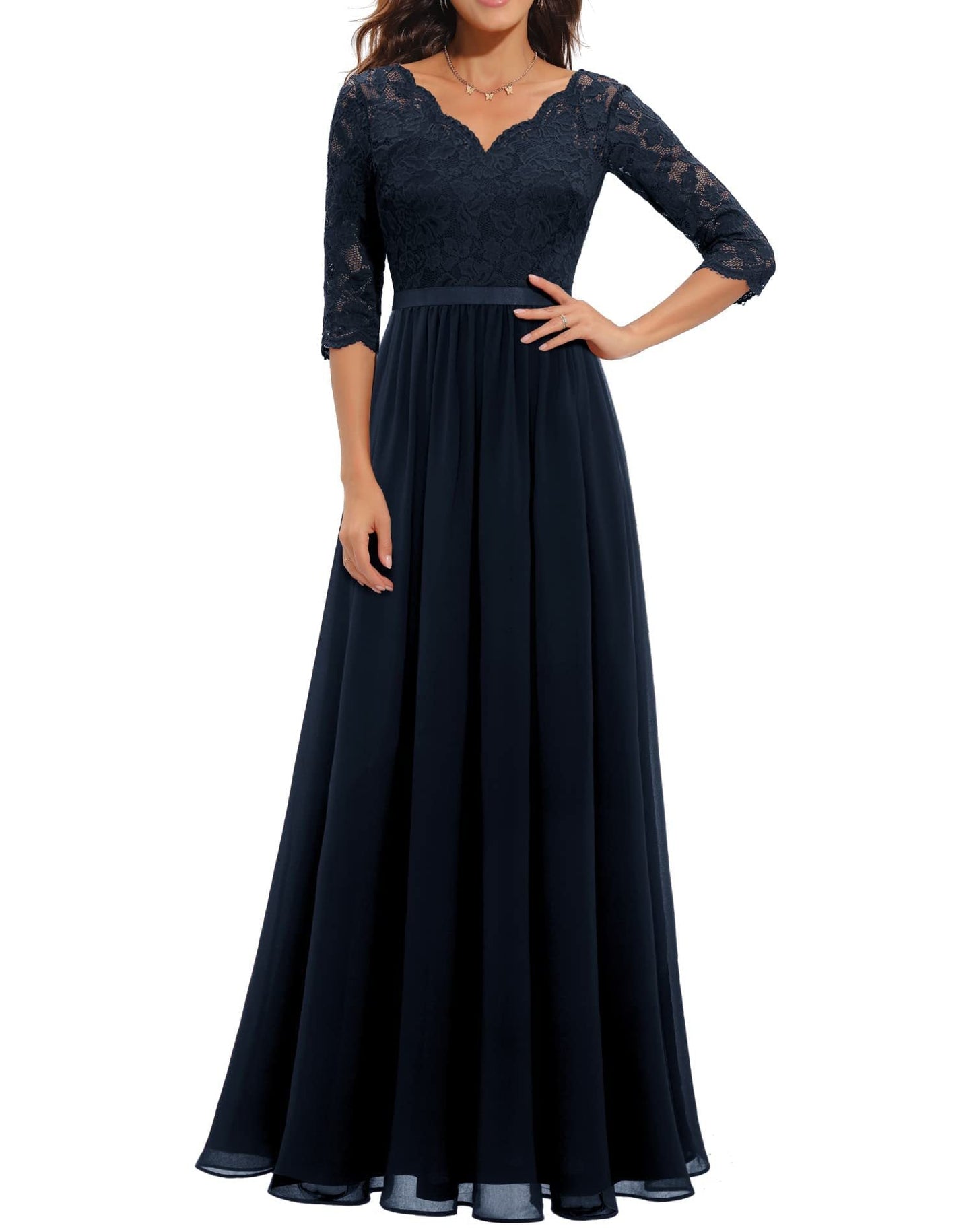 Beige Timeless Lace Bodice Maxi Dress Three Quarter Sleeves For Women MutualDrop