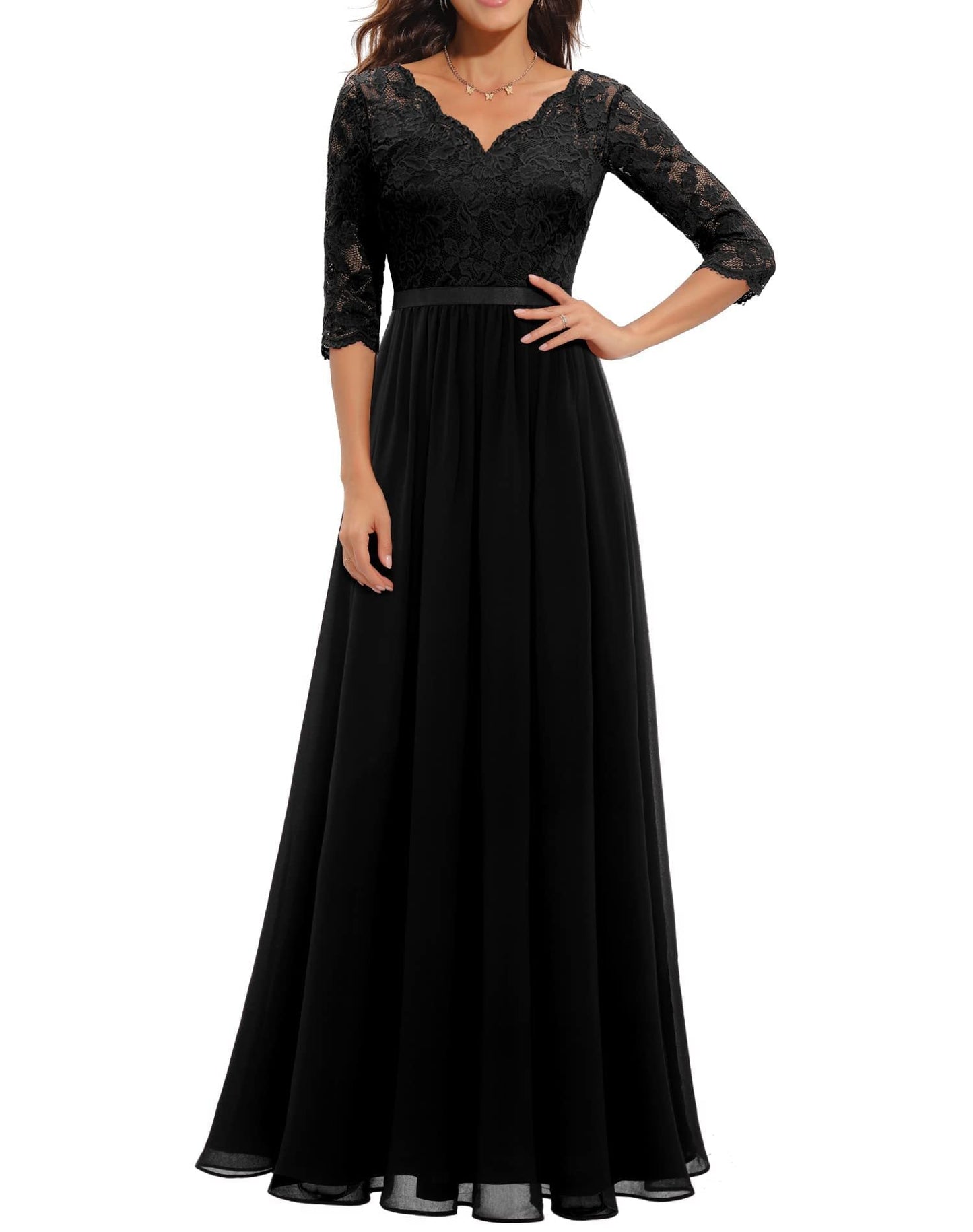 Beige Timeless Lace Bodice Maxi Dress Three Quarter Sleeves For Women MutualDrop