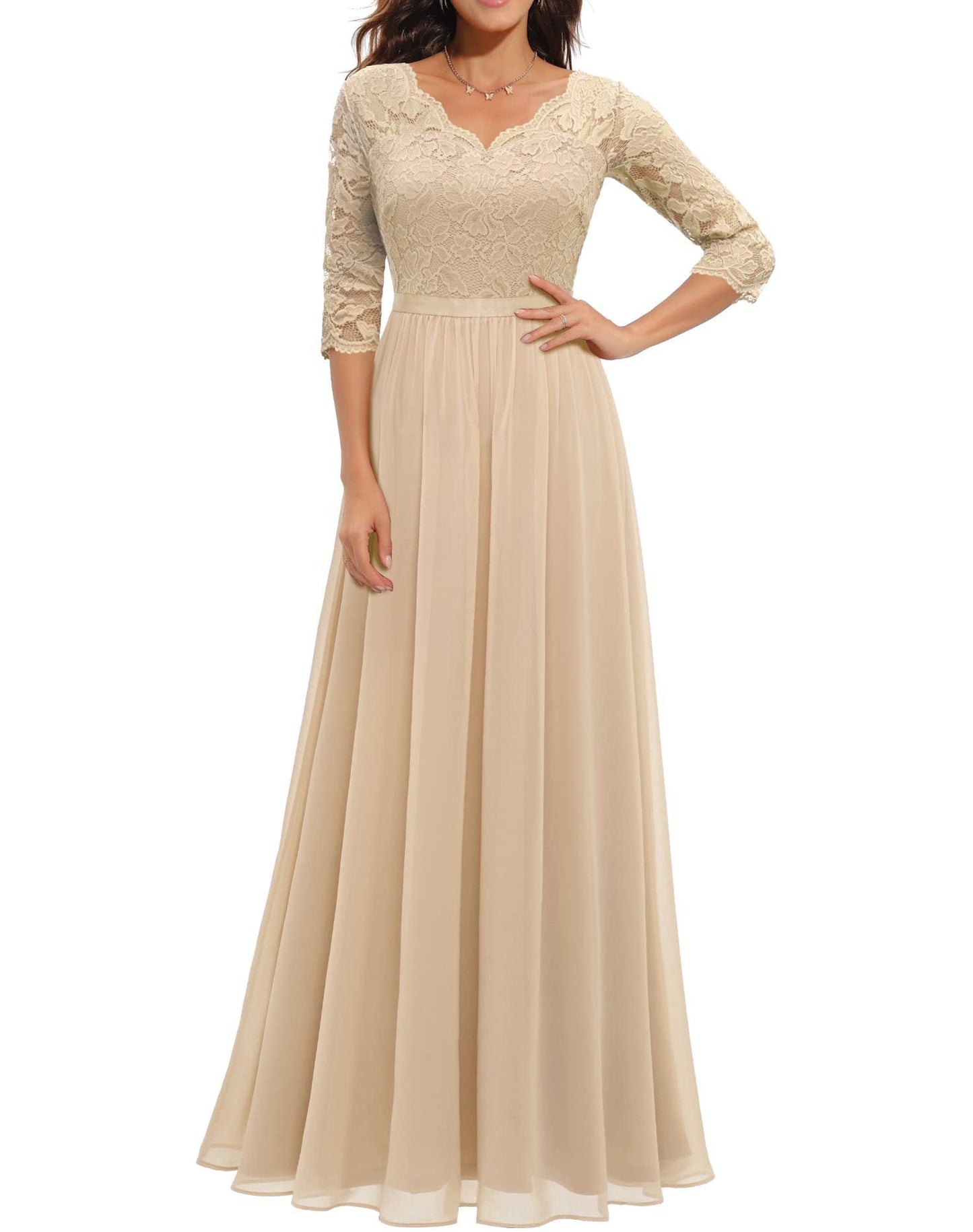 Beige Timeless Lace Bodice Maxi Dress Three Quarter Sleeves For Women MutualDrop
