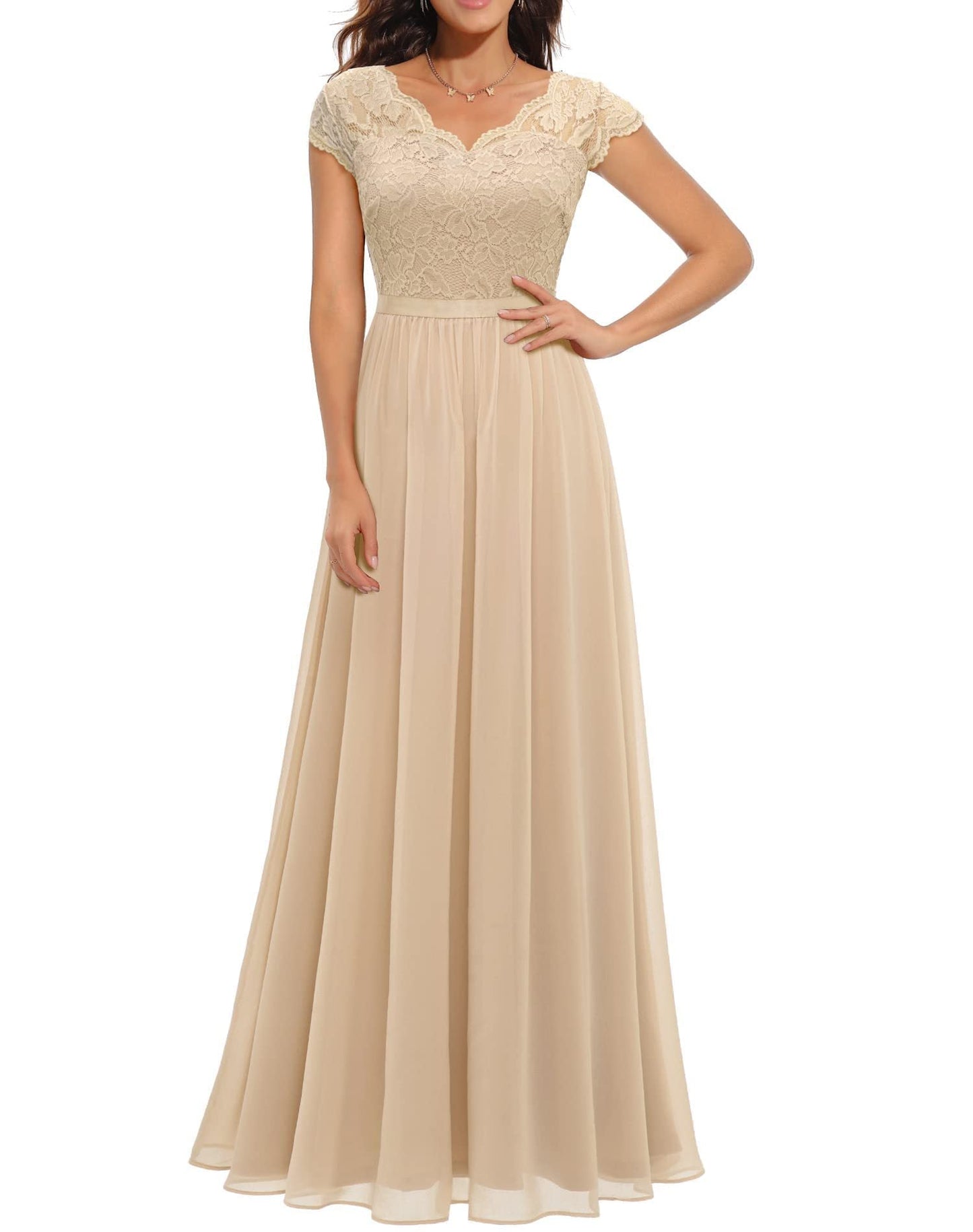 Beige Timeless Lace Bodice Maxi Dress Three Quarter Sleeves For Women MutualDrop