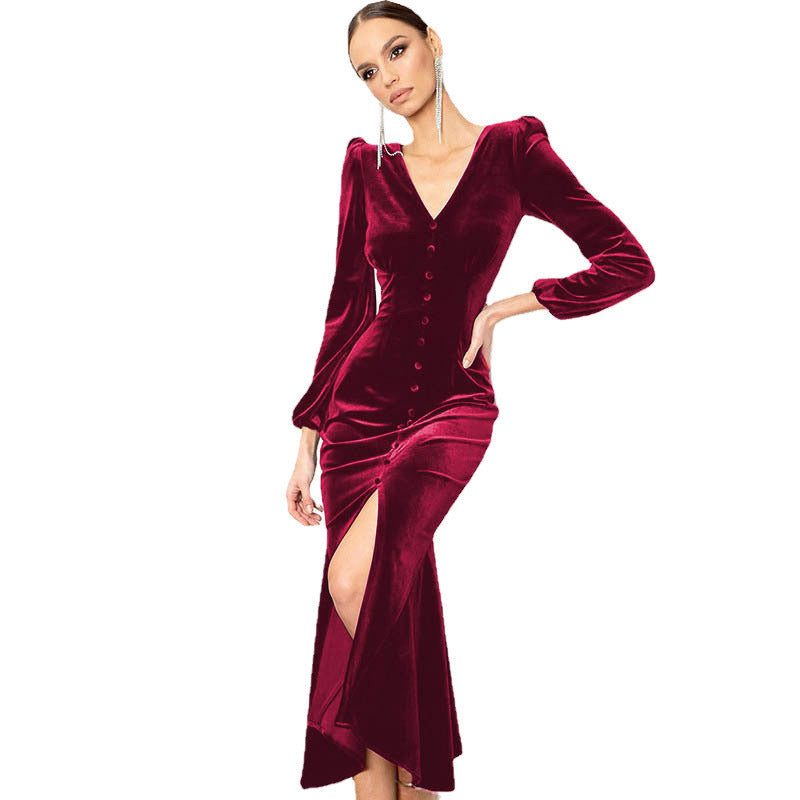 Velvet Long Sleeve Maxi Dress Front Button Split For Women MutualDropShopping