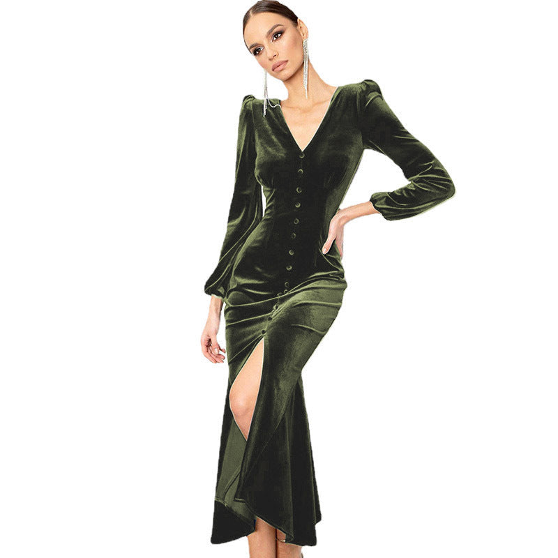 Velvet Long Sleeve Maxi Dress Front Button Split For Women MutualDropShopping