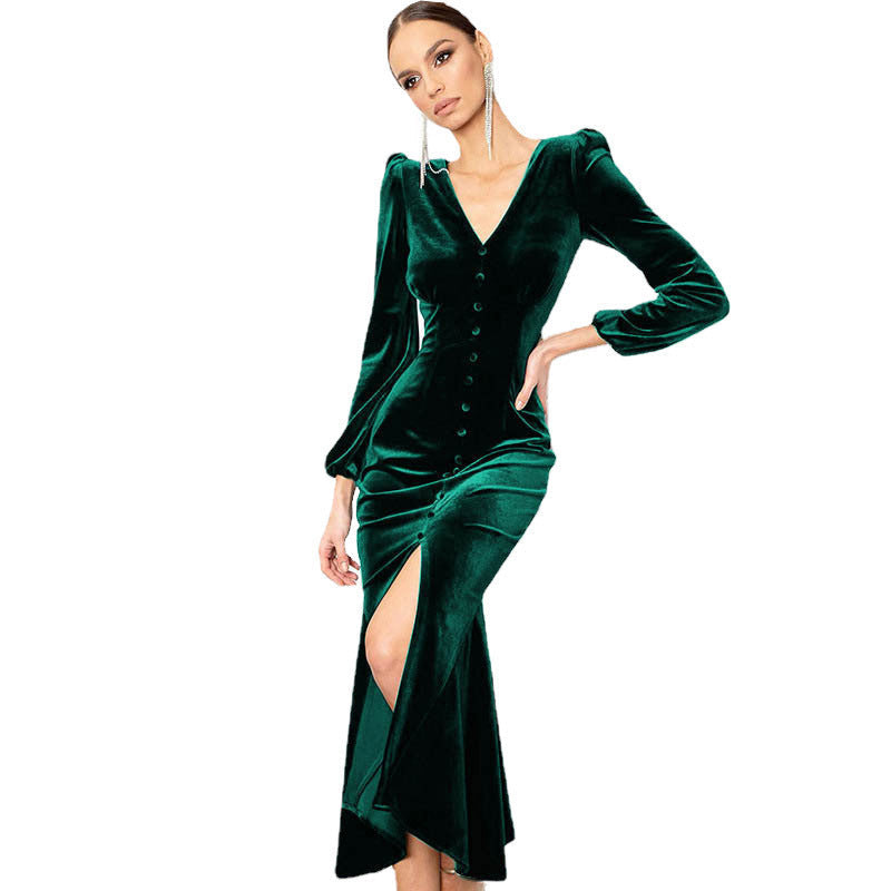 Velvet Long Sleeve Maxi Dress Front Button Split For Women MutualDropShopping