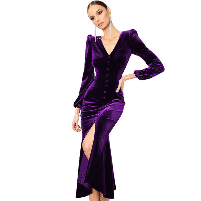Velvet Long Sleeve Maxi Dress Front Button Split For Women MutualDropShopping