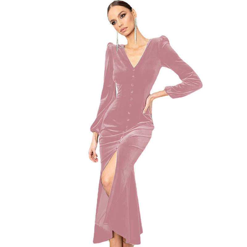Velvet Long Sleeve Maxi Dress Front Button Split For Women MutualDropShopping