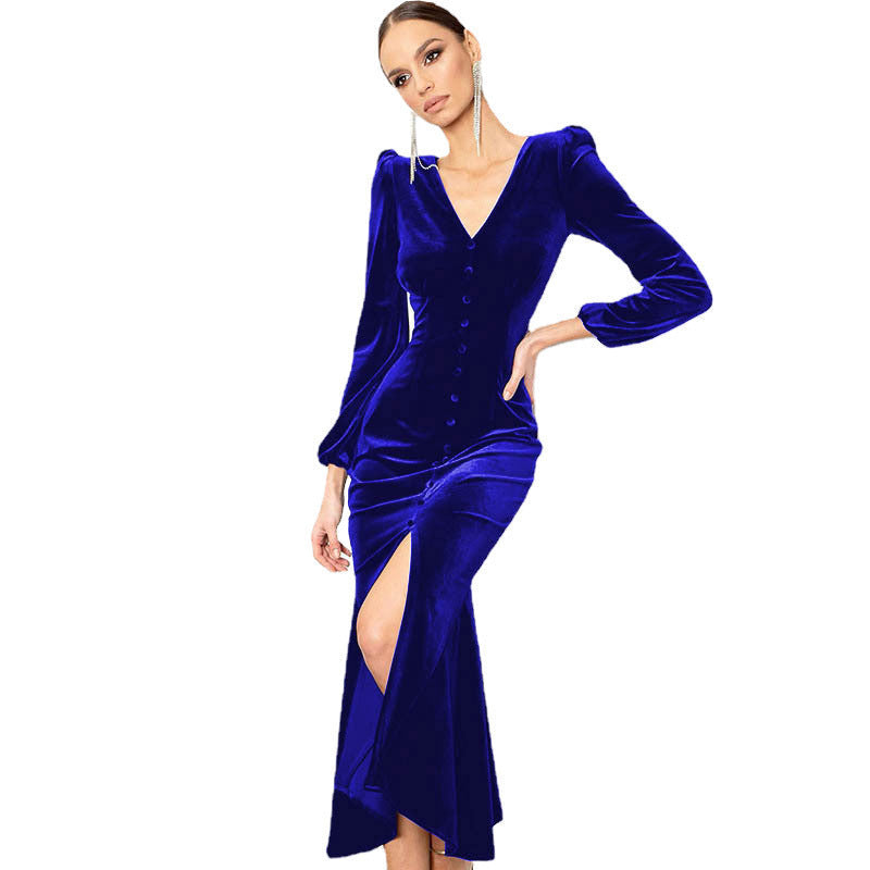 Velvet Long Sleeve Maxi Dress Front Button Split For Women MutualDropShopping