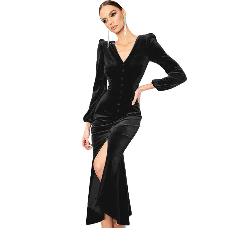 Velvet Long Sleeve Maxi Dress Front Button Split For Women MutualDropShopping