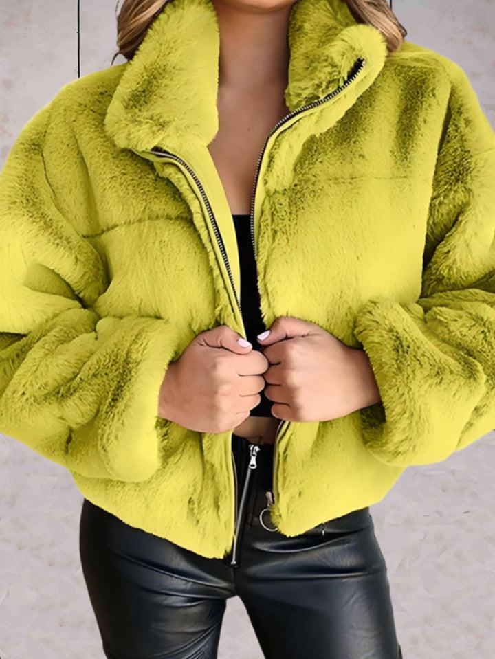 Street-Wave Faux Fur Jacket For Women Warm Cozy Zip Front Premium Plush Lining Winter Coat