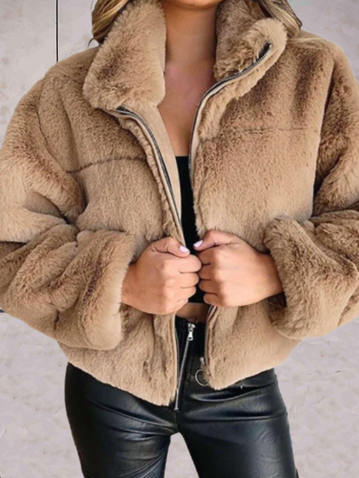 Street-Wave Faux Fur Jacket For Women Warm Cozy Zip Front Premium Plush Lining Winter Coat
