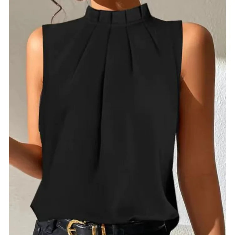 Street-wave Pleated Top for Women, Chic Casual Blouse With Pleated Neckline and Sheer Striped Sleeves