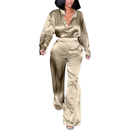 Champagne Draped Silk Blend Two-Piece Set - Elegant Spring Comfort