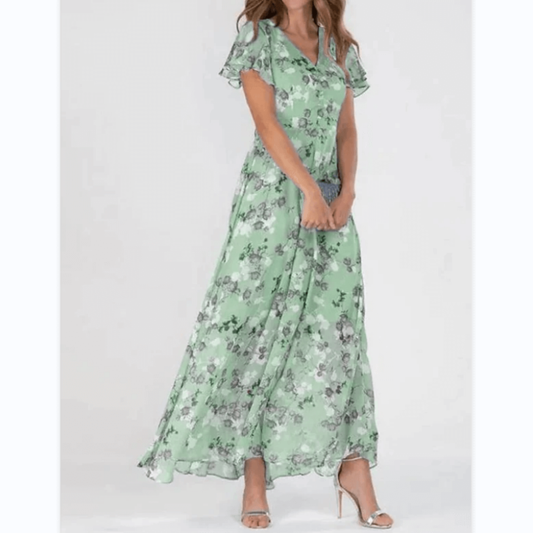 Street Wave Ann Flutter Sleeve Maxi Dress V Neck Elegant Women