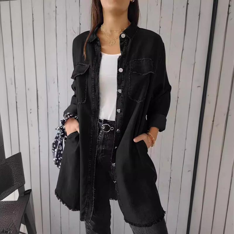 Street-wave Long Denim Jacket For Women With Front Patch Pockets Casual Chic Layering