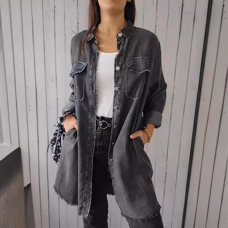 Street-wave Long Denim Jacket For Women With Front Patch Pockets Casual Chic Layering