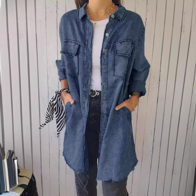 Street-wave Long Denim Jacket For Women With Front Patch Pockets Casual Chic Layering