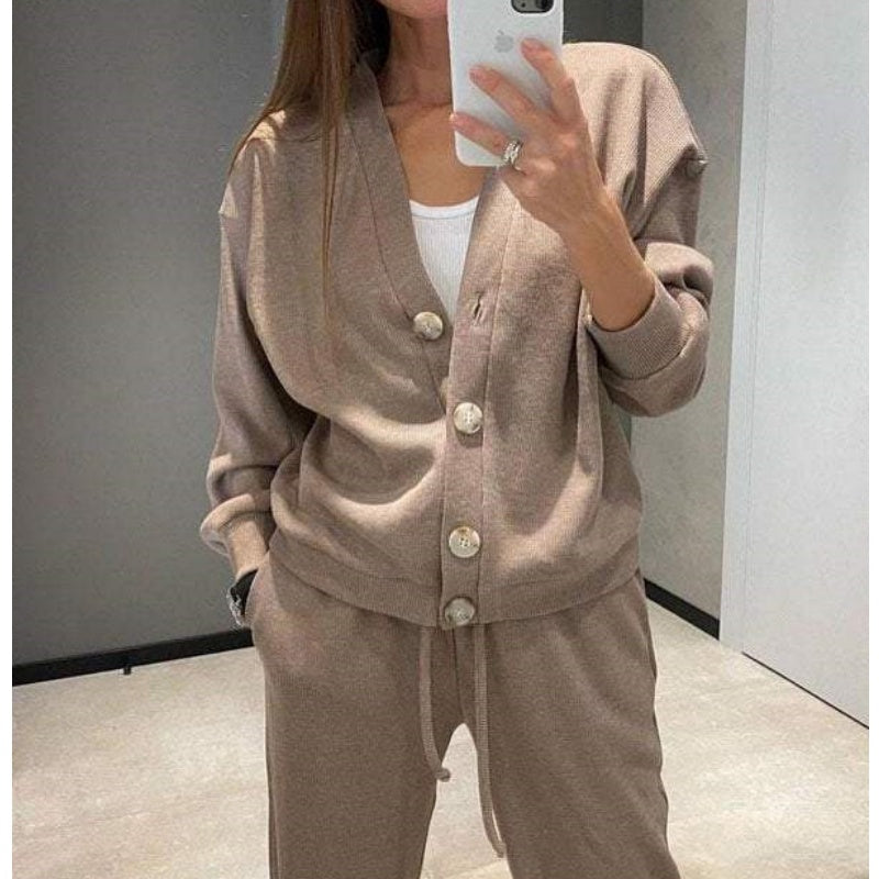 Street Wave Knit Cardigan Set With Button Front And Matching Pants For Casual Everyday Comfort