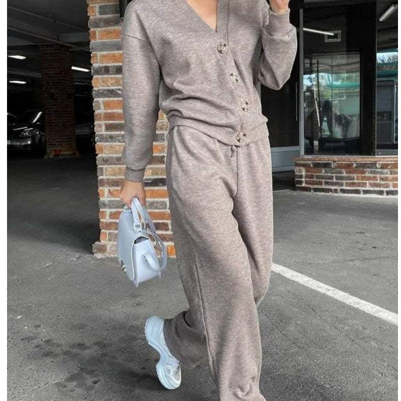Street Wave Knit Cardigan Set With Button Front And Matching Pants For Casual Everyday Comfort