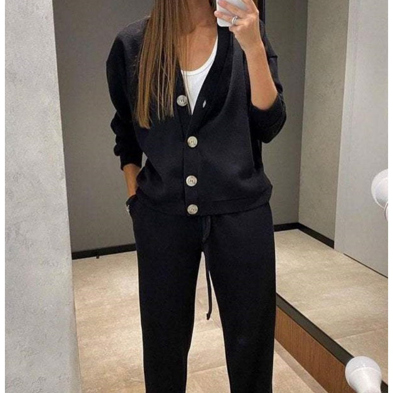 Street Wave Knit Cardigan Set With Button Front And Matching Pants For Casual Everyday Comfort