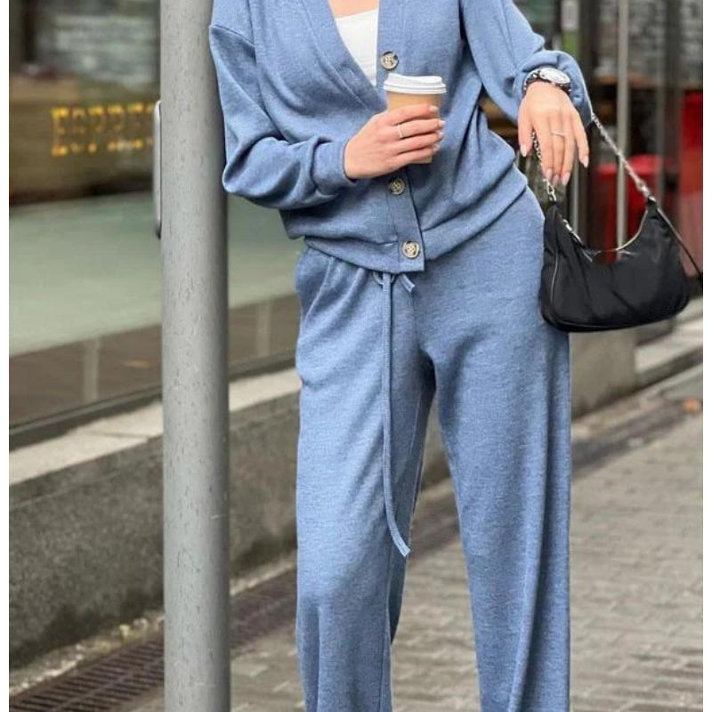 Street Wave Knit Cardigan Set With Button Front And Matching Pants For Casual Everyday Comfort