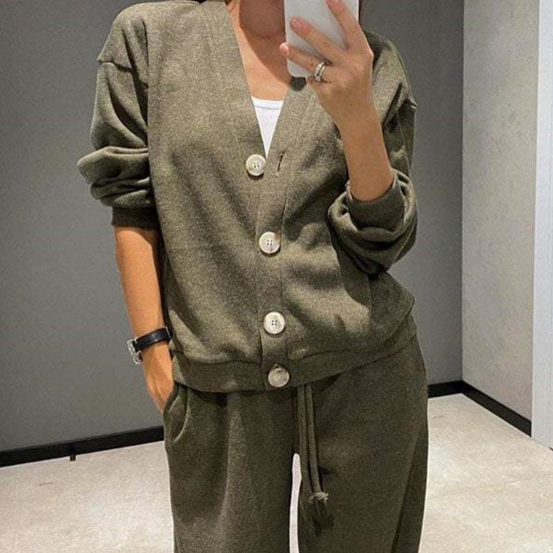 Street Wave Knit Cardigan Set With Button Front And Matching Pants For Casual Everyday Comfort