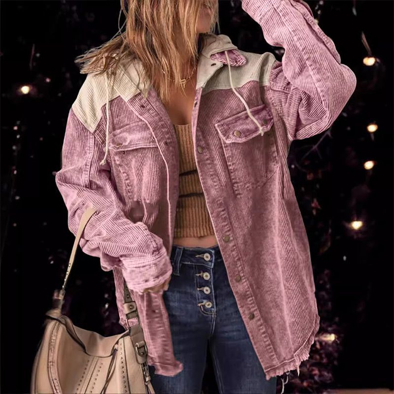 Street-wave Patchwork Corduroy Jacket For Women Versatile Button Front Warm Durable Chic