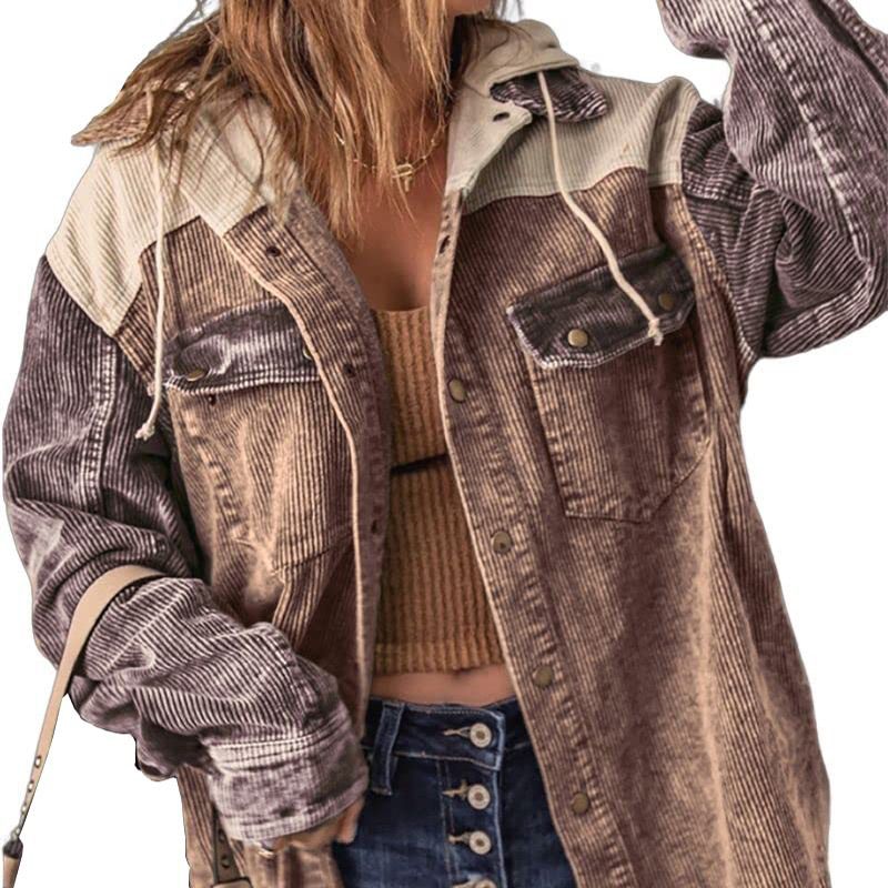 Street-wave Patchwork Corduroy Jacket For Women Versatile Button Front Warm Durable Chic