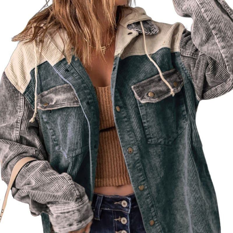 Street-wave Patchwork Corduroy Jacket For Women Versatile Button Front Warm Durable Chic