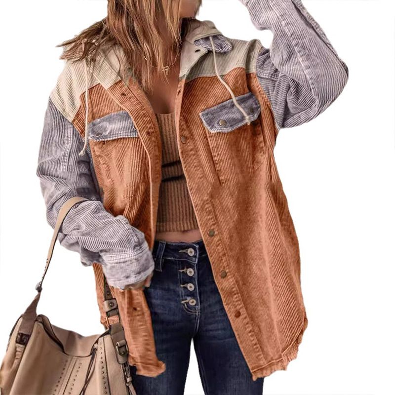 Street-wave Patchwork Corduroy Jacket For Women Versatile Button Front Warm Durable Chic
