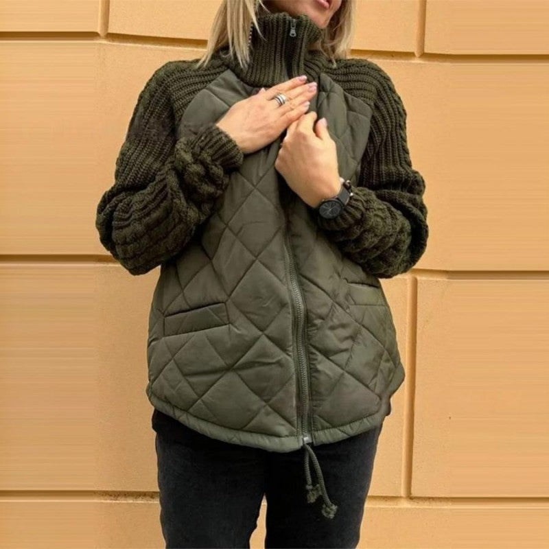 Street-Wave Patchwork Puff Jacket Khaki For Women Cozy Warmth Trendy Comfort And Versatile Style