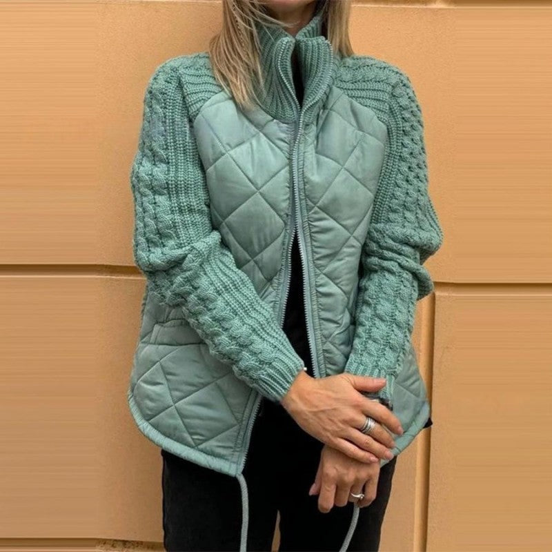 Street-Wave Patchwork Puff Jacket Khaki For Women Cozy Warmth Trendy Comfort And Versatile Style