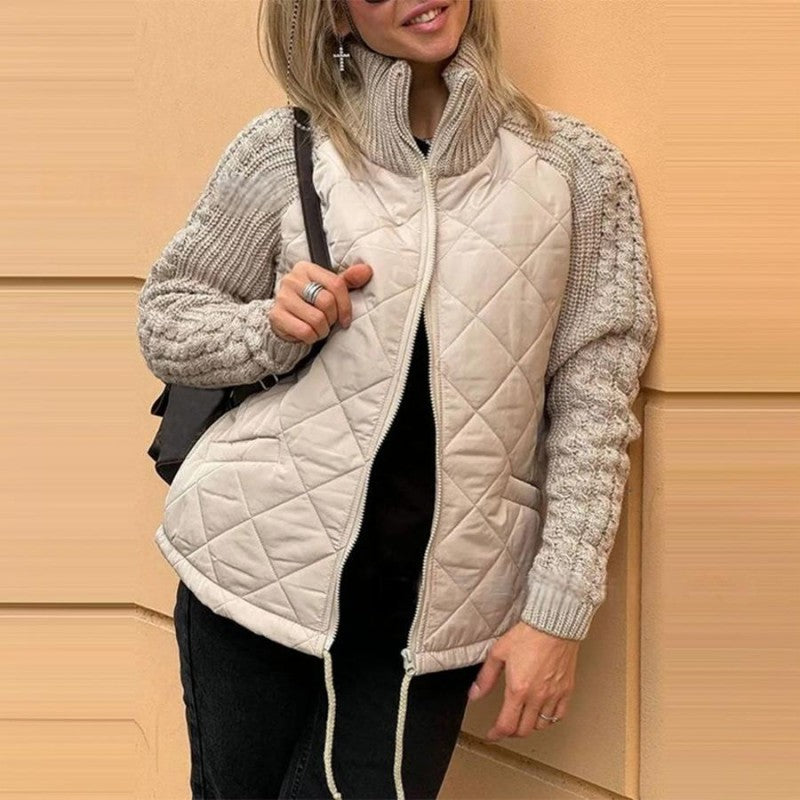 Street-Wave Patchwork Puff Jacket Khaki For Women Cozy Warmth Trendy Comfort And Versatile Style