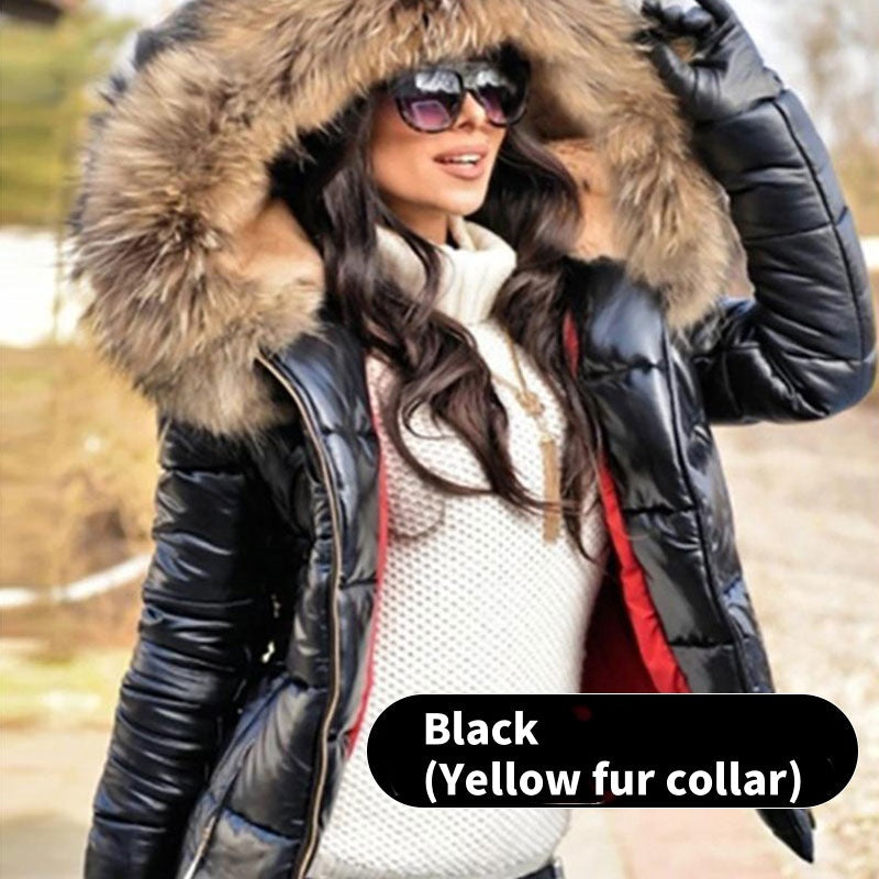Street Wave Women's Sporty Elegant Hooded Puffer Jacket With Fur Trim Chic Everyday Wear