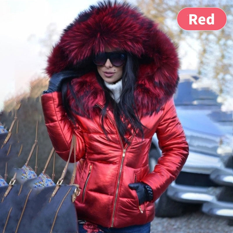 Street Wave Women's Sporty Elegant Hooded Puffer Jacket With Fur Trim Chic Everyday Wear
