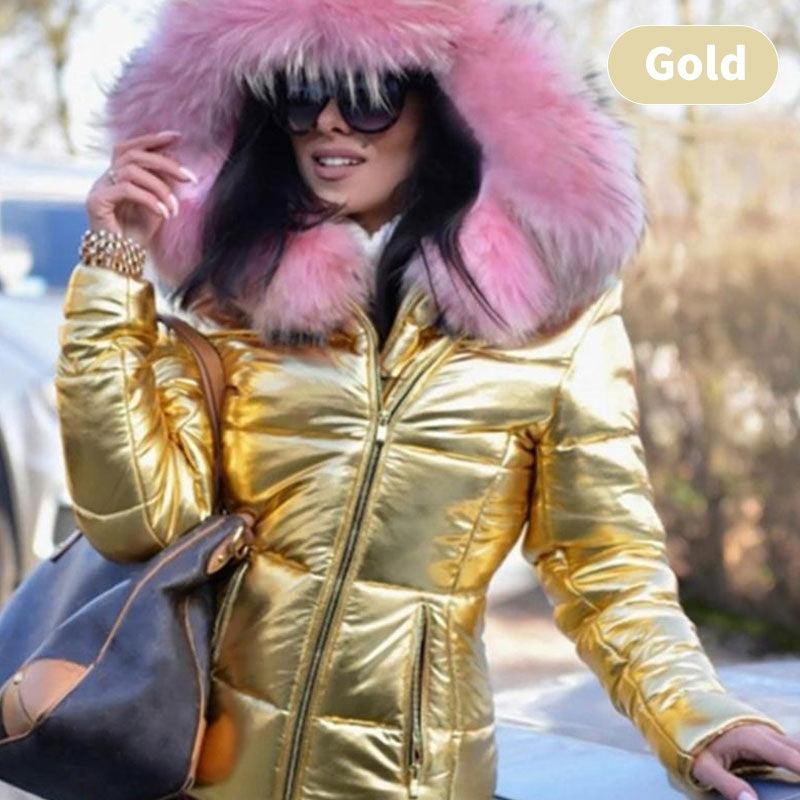 Street Wave Women's Sporty Elegant Hooded Puffer Jacket With Fur Trim Chic Everyday Wear