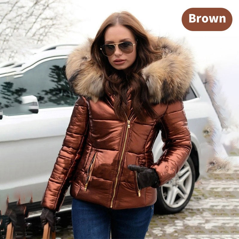 Street Wave Women's Sporty Elegant Hooded Puffer Jacket With Fur Trim Chic Everyday Wear