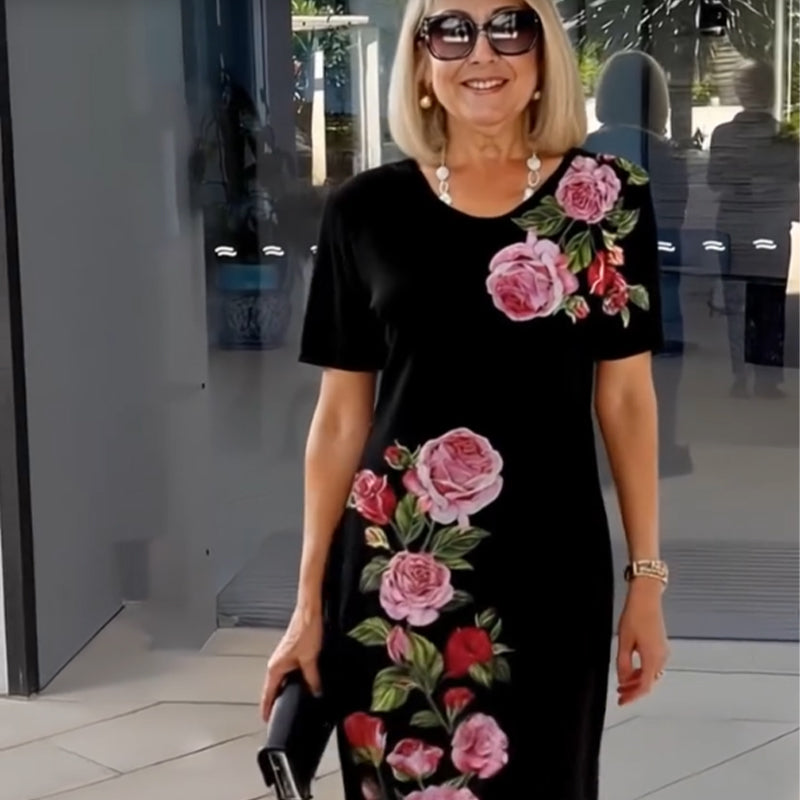 Women's Floral Print Dress with Short Sleeves and A-Line Silhouette