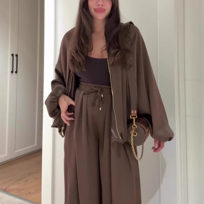 Street-Wave Oversized Jacket And Pants Set For Women Soft Comfortable Fabric Versatile Leisurewear Streetwear