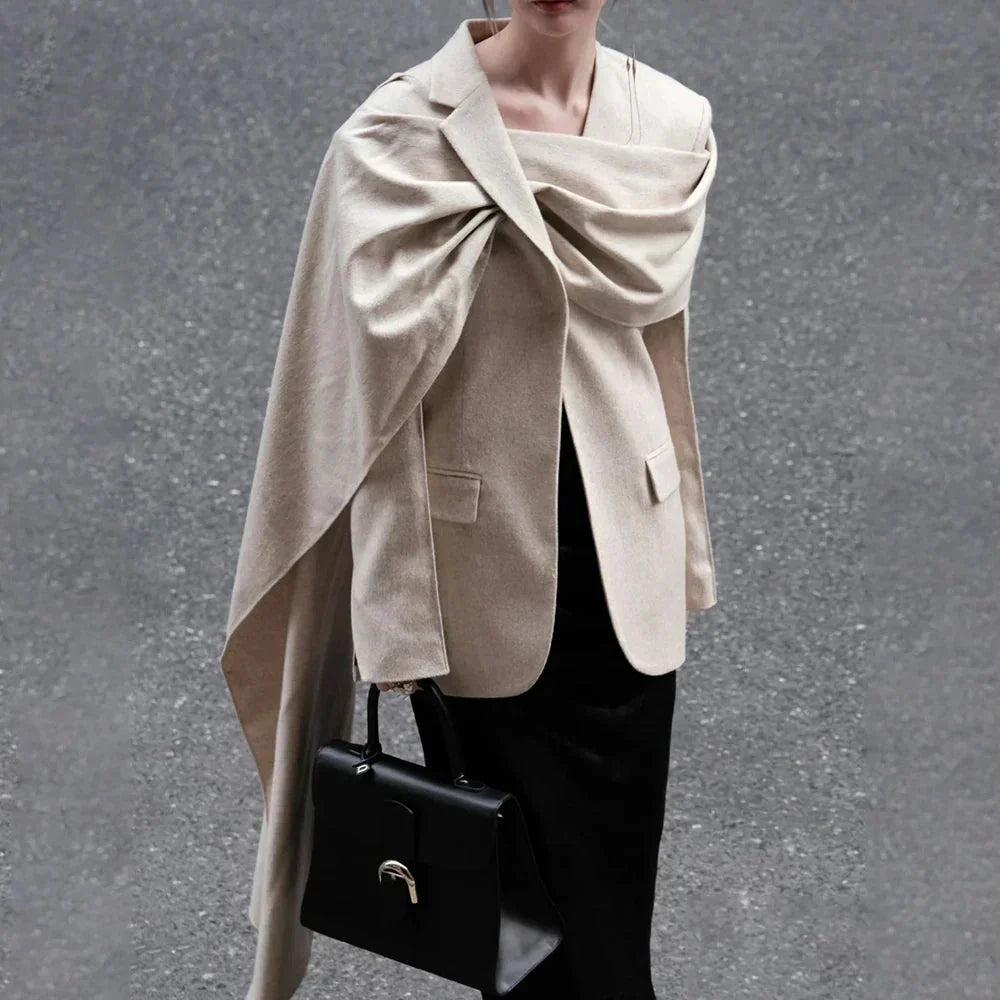 Street-wave Patchwork Cape Blazer For Women Elegant Modern Outerwear With Draped Cape