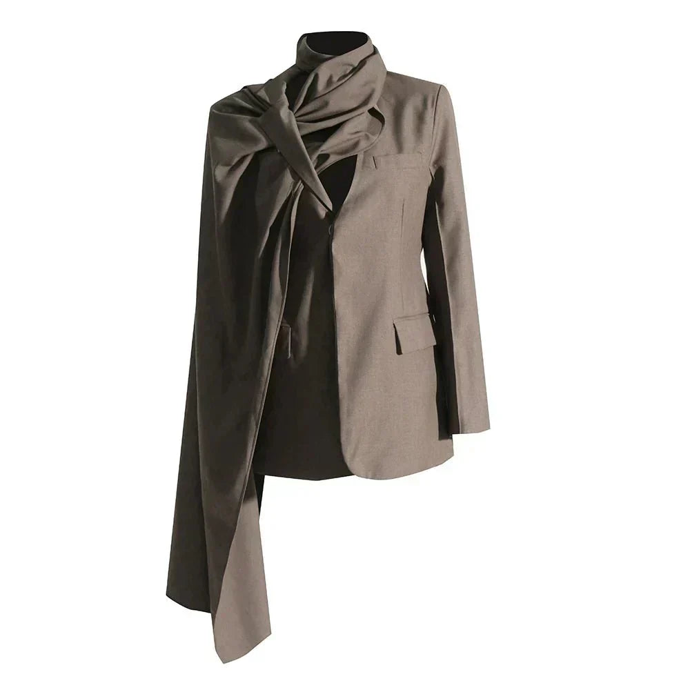 Street-wave Patchwork Cape Blazer For Women Elegant Modern Outerwear With Draped Cape
