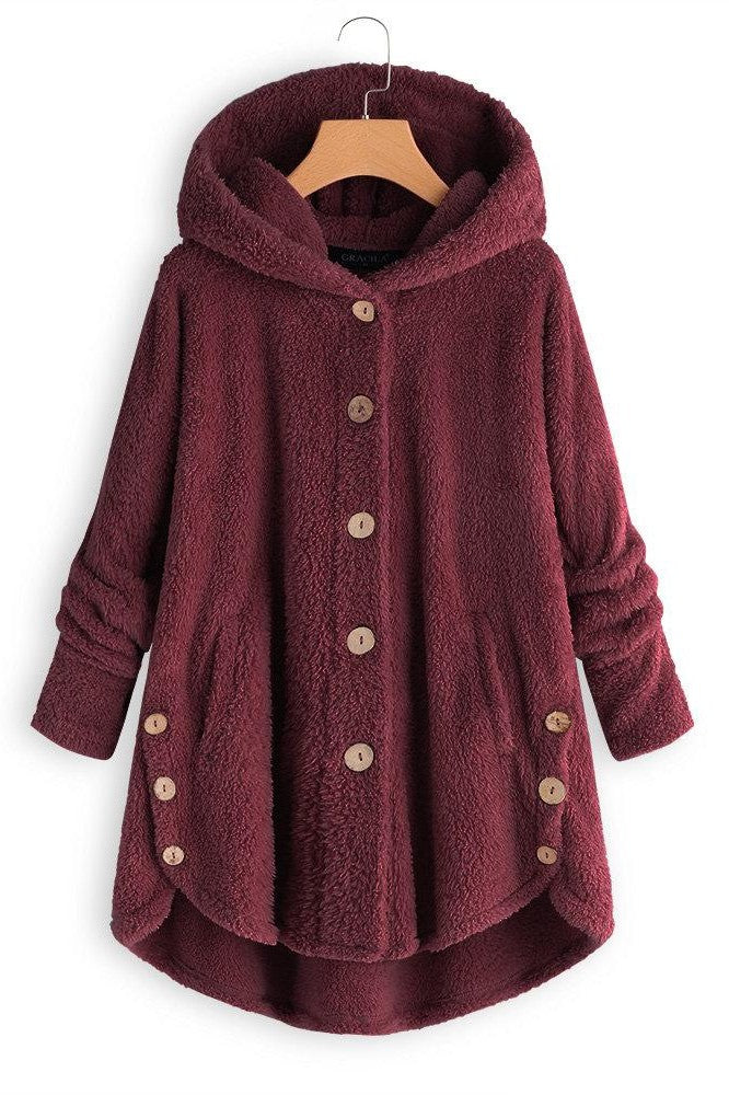 Street-Wave Women's Hooded Coat Sherpa Button Front Oversized Mid Length Warmth