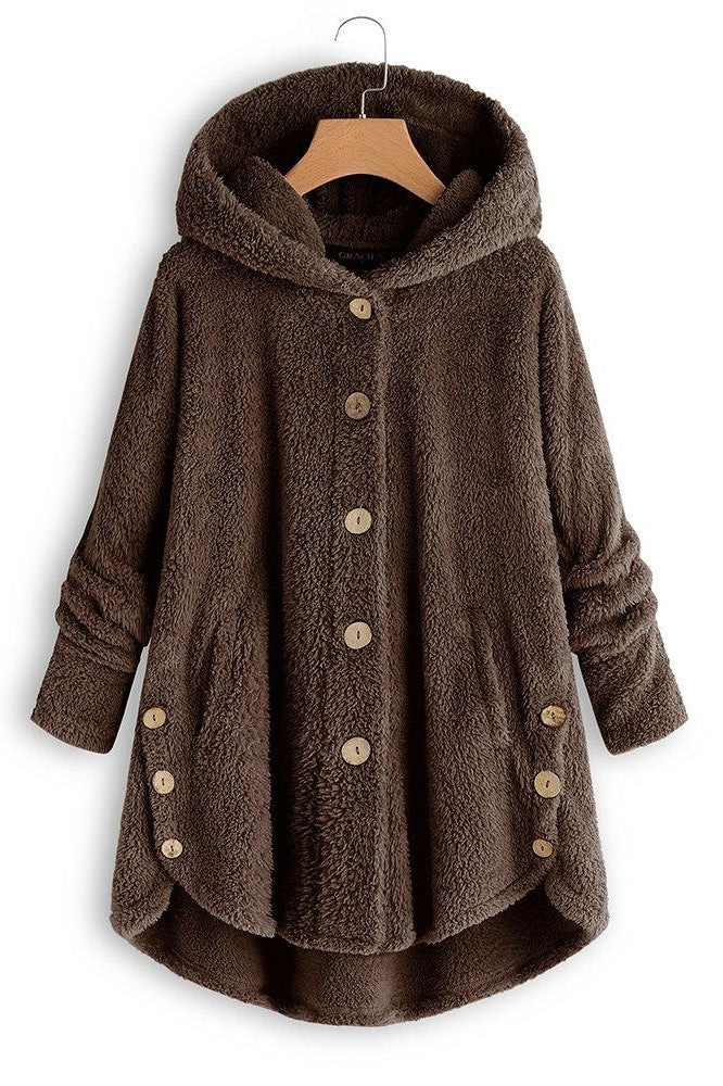 Street-Wave Women's Hooded Coat Sherpa Button Front Oversized Mid Length Warmth