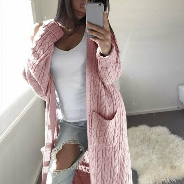 Street-wave Long Cable Knit Cardigan Acrylic Warmth For Women Cozy Everyday Essential