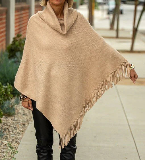 Street-wave Soft Turtleneck Poncho Pullover For Women, Cozy Knit With Fringed Wrap, Warm Winter Fashion