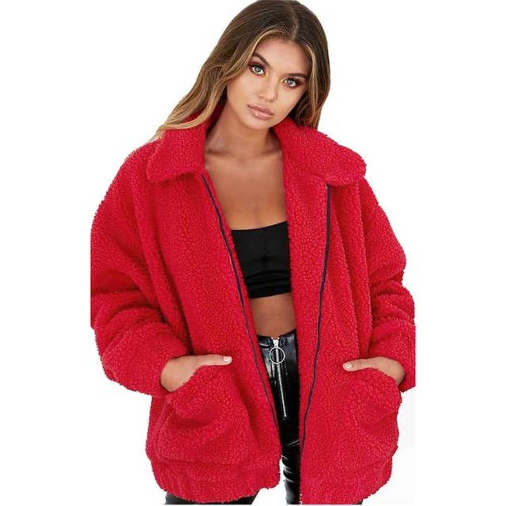 Street-wave Teddy Jacket Women Oversized Cozy Fleece Zip Front Casual Streetwear Coat