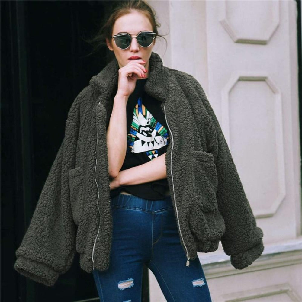 Street-wave Teddy Jacket Women Oversized Cozy Fleece Zip Front Casual Streetwear Coat