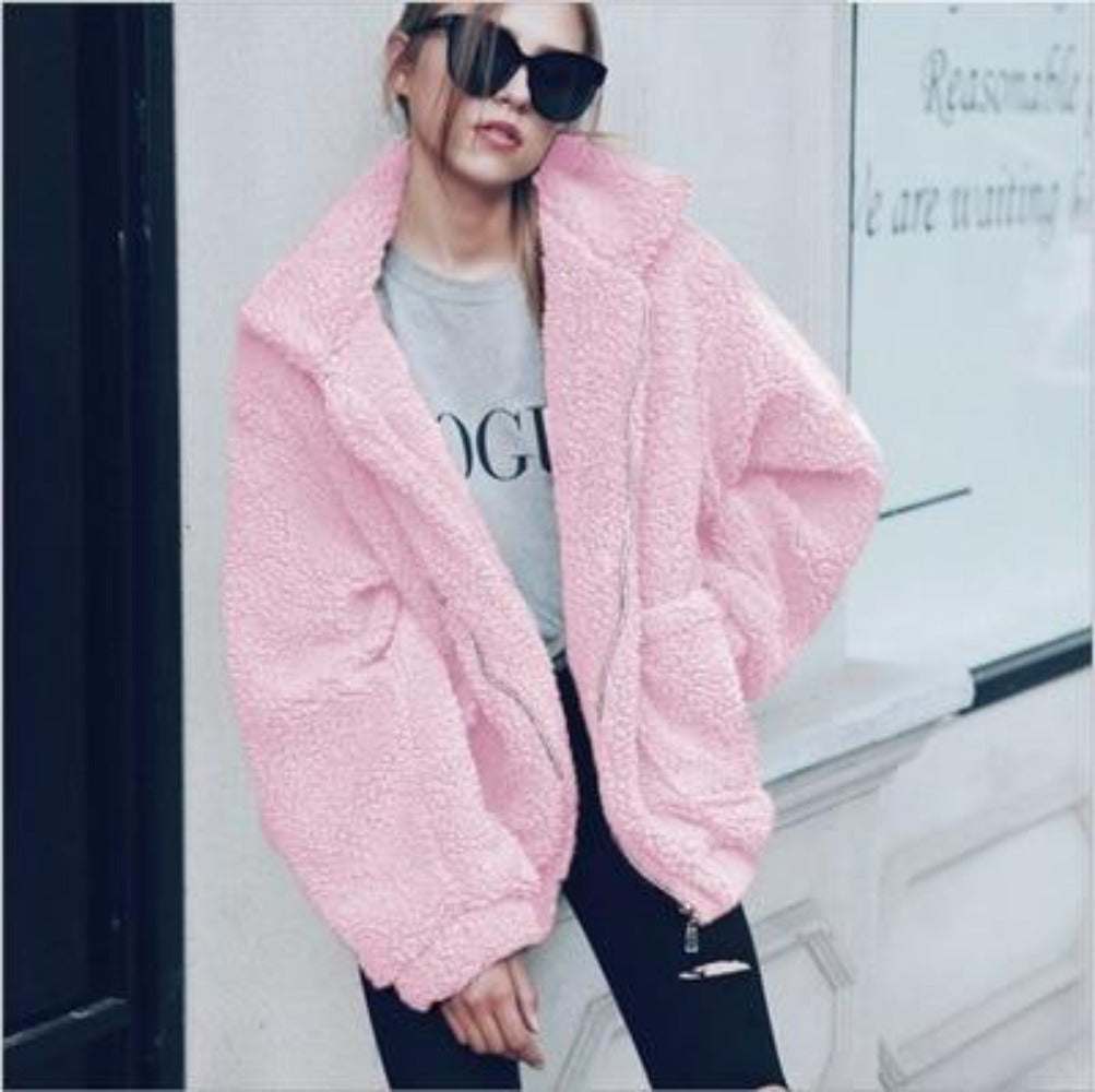 Street-wave Teddy Jacket Women Oversized Cozy Fleece Zip Front Casual Streetwear Coat